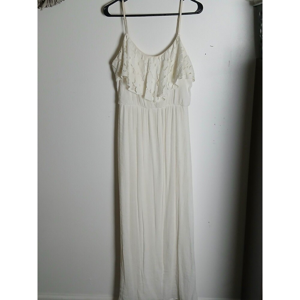 A Byer Wm XS  Dress Maxi Sundress White Boho Peep Lace Gauze Cotton Beach Lined